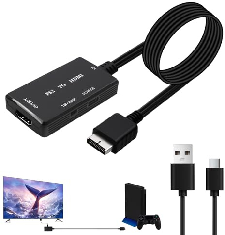 PS2 to Hdmi Adapter Cable for Playstation 1/2 PS1/PS2/PS One to HDMI Converter for Multifunctional HDTV TV Console Projector Monitor Support 1080P/720P Output 16:9/4:3 Aspect Ratio with USB Cable