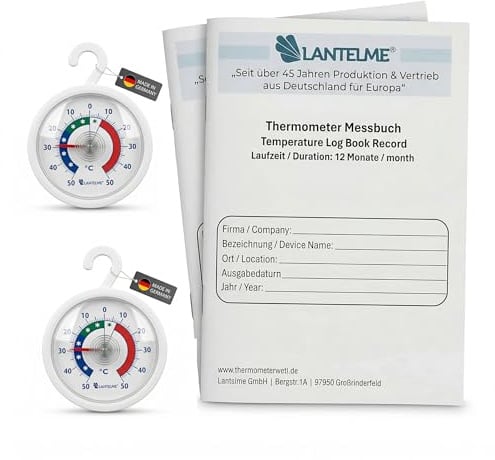 Lantelme 2 Stück Analog Kühlschrankthermometer +/-50 °C zum Aufhängen mit Klebepad + 2 Stück Thermometer Dokumentationsheft DIN A5 12 Monate 3mal täglich - für Kühlschrank Gefrierschrank