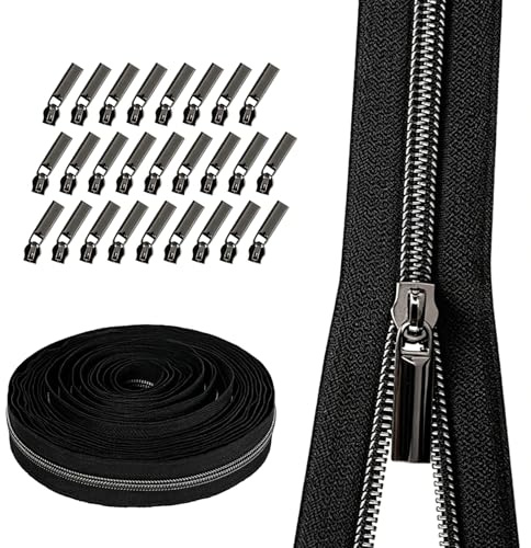 Cerniera lampo da 10 m, in nylon, con cerniera, 30 cursori | nero, nylon, larghezza 6 mm, con 30 cerniere e cursore, uso universale, per biancheria da letto, vestiti, borse, fai da te