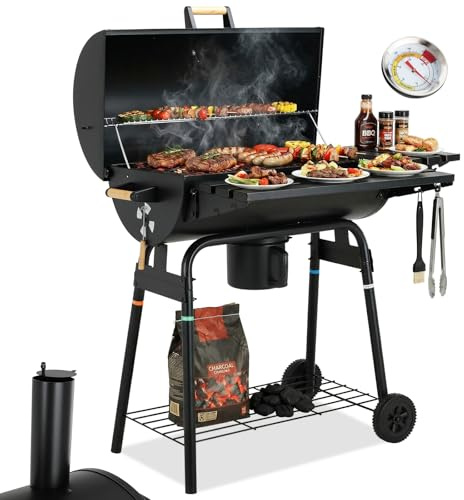 TLSUNNY Holzkohlegrill Grillwagen mit Schornstein, BBQ Smoker für Garten | Gartengrill mit Thermometer, Abnehmbarem Aschekasten, Klappbaren Ablagen, 2PCS Rädern, Kohlegrill für Camping & Grillpartys