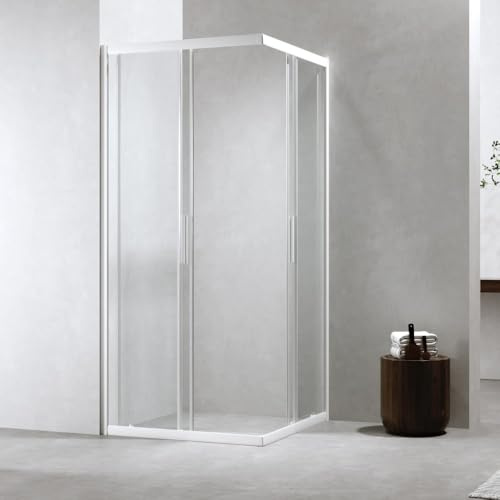 Auria Box Doccia Angolare 70x70 cm h190 - Cabina Doccia Scorrevole in Cristallo Temperato 6mm Trasparente, Profilo Alluminio Bianco Opaco, Chiusura Magnetica e Cuscinetti Sganciabili - Mod. Neat