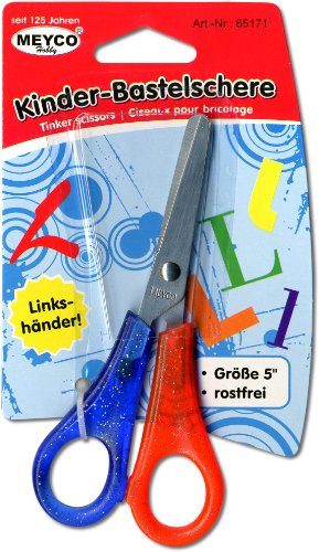 Meyco Kinder-Bastelschere für Linkshänder 13cm, Kindersicher, Edelstahl, transparent mit Glitter
