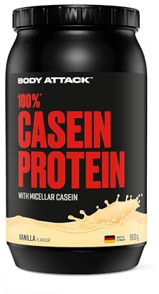 Body Attack 100% CASEIN PROTEIN - Vanilla - 900 g Dose - Hochwertiges Protein Pulver für Muskelaufbau Training -langanhaltende Eiweiß Versorgung -ideale Ergänzung zu Whey Protein