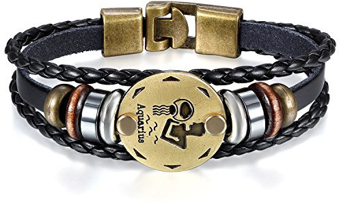 JewelryWe Schmuck Herren Damen Wassermann Armband, 12 Tierkreis Sternzeichen Horoskop Charms Druckknopf Armreif, Leder Legierung, schwarz