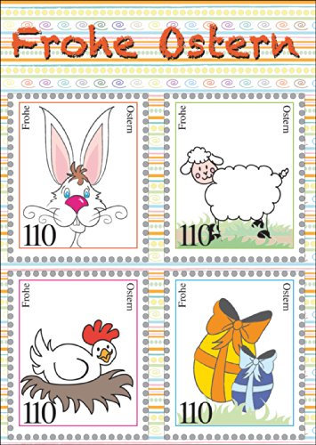 Kartenkaufrausch lustige Osterkarte mit bunten Briefmarken Motiven zu Ostern • auch zum hochwertige Glückwunsch Grußkarten mit Umschlag zu Ostern, Ostergrüße, Osterkarten