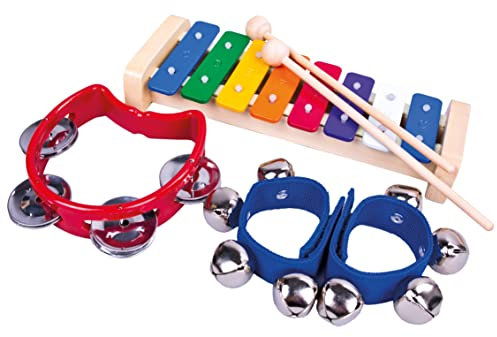 Bino Musikset, Spielzeug für Kinder ab 3 Jahre, Kinderspielzeug (Musikinstrumente-Set mit 5 Teilen, inkl. 8Ton-Holzxylophon, Handgelenkschelle & 2 Fußgelenkschellen, Kinderzimmer Zubehör), Mehrfarbig