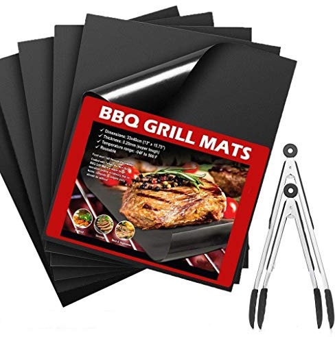 Cosoro Tapis de Grille pour Barbecue Lot de 8 - Four antiadhésive Revêtement en Téflon Feuilles de Cuisson(6pcs Grill Tapis + 2pcs Poignée en Acier Inoxydable de Pince en Silicone) réutilisable