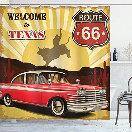 ABAKUHAUS Western Duschvorhang, Texas Auto Cowboy Wörter, Stoffliches Gewebe Badezimmerdekorationsset mit Haken, 175 x 200 cm, Senf Dunkle Koralle