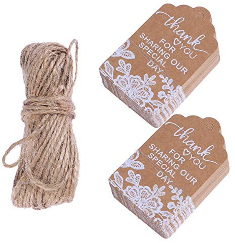 Kraft Paper Tags White Lace Print Hang Tag with Hemp Rope for Wedding Engagement 50pcs