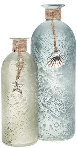 SIDCO Blumenvase 2 x Vase Flasche Maritim Flaschenvase Glas Muschel Seestern blau Deko