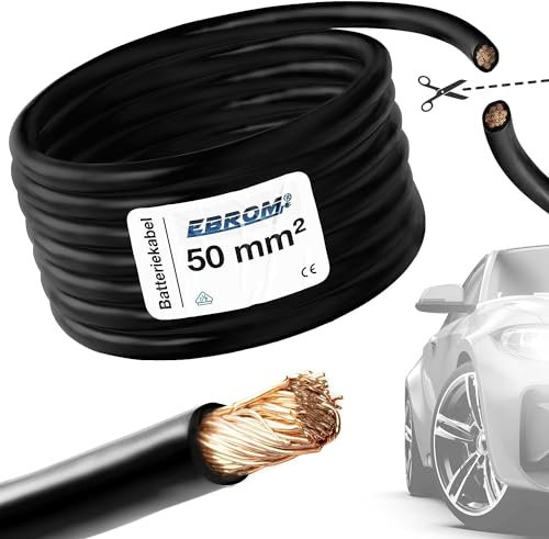 EBROM FLY - Cavo per batteria per auto, colore nero, sezione trasversale 50 mm², al metro, flessibile, 90 ± 5 Shore, 100% rame, rivestimento speciale PVC FLY FLRy, cavo di avviamento, 50 mm2