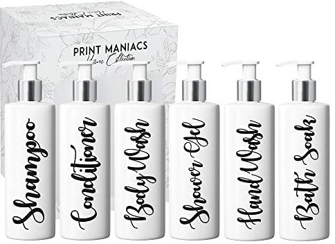 Print Maniacs Mrs Hinch Inspired White Personalised Dispenser Silver Pump Bottles Set 6 (BLACK)