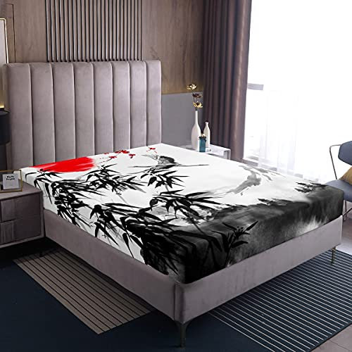Japanischer Stil Bettwäsche, Bergkran Spannbetttücher 140x200 für Kinder Teens Erwachsene, Bambusblätter Sonnenliege, Vintage-Stil Bettlaken Leichtes Schlafzimmer Dekor,Grau Weiß