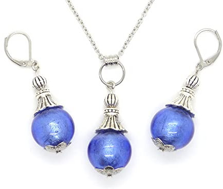 Parure boucles d'oreille et collier en acier inoxydable et perles en verre de Murano bleues