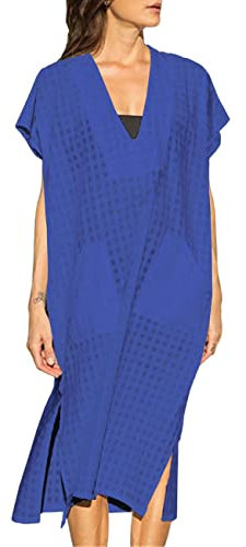 Bsubseach Damen Dunkelblaues Plaid Kurzarm Strandkleid Sexy Deep V Neck Side Schlitz Strand Langes Kleid