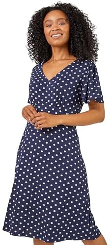 Roman Originals Women Petite Spot Print Stretch Jersey Dress - Ladies Spring Everyday Summer Holiday Vacation Work Casual Smart Comfy Soft Relaxed - Navy - Size 16