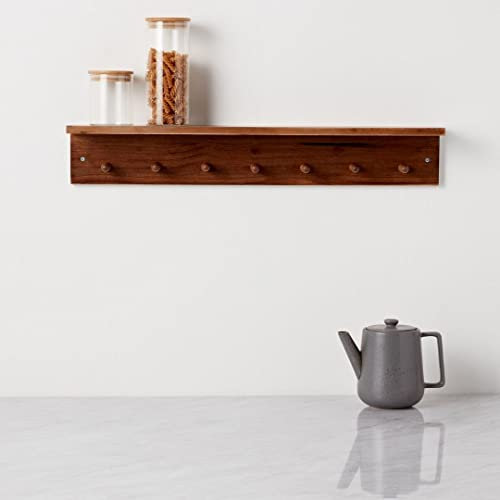 Haus Projekt Wandregal mit 7 Haken, Eiche Gebeizt Kiefer, Wandgarderobe, Schweberegal Holz für Flur, Küche & Bad, Regal für Mäntel, Handtücher, Schlüssel, Mehrzweck, 72 x 11,5 x 11,5