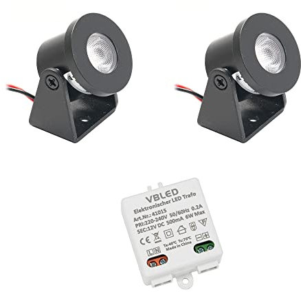VBLED 2er Set 1W Mini Aufbau-Strahler schwarz Rotier- & Schwenkbar warmweiß mit 6W 12VDC Netzteil