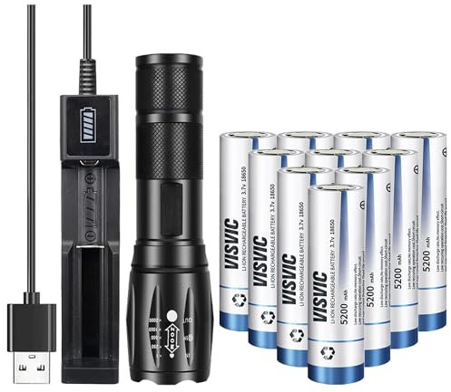 AAA/18650 Torch, 2000LM Focus Zoomable Torch, 5 Light Modes Waterproof Torch with Single USB Charger, w/10 Flat Top 18650 Batteries, Suitable for Dog Walking, Night Cycling, Essential Tool for Home
