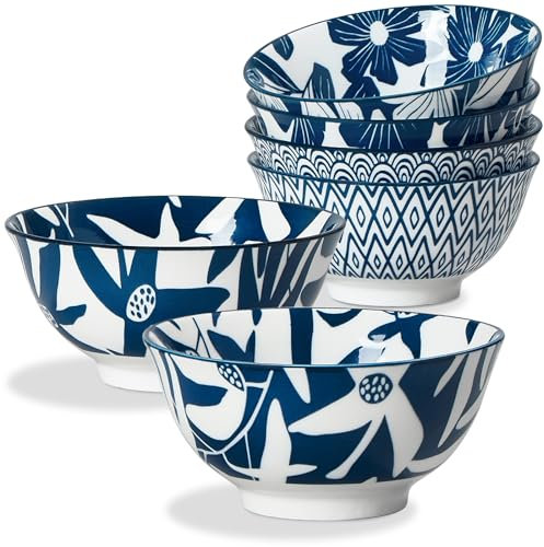 ONEMORE Lot de 6 bols à céréales en céramique de 710ml – Passe au micro-ondes, au lave-vaisselle et au four – Bol à soupe pour cuisine – Bol en porcelaine pour nouilles, fruits – Bleu vintage et