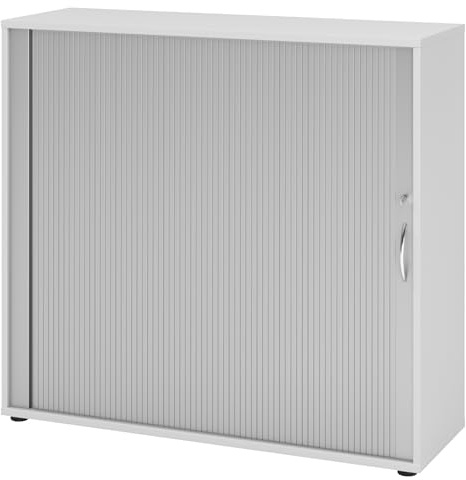 bümö Aktenschrank abschließbar mit Rollladen, Rollladenschrank für Ordner & Co. - Büroschrank mit Rollo, abschließbarer Ordnerschrank aus Holz in Grau/Silber mit Bogengriff