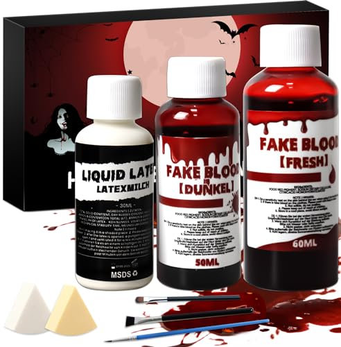 Set de Faux Sang Halloween, 1 Faux Sang Foncé, 1 Faux Sang Clair, 1 Latex Liquide, Réaliste, Lavable, Sûr, Maquillage Halloween Fake Blood pour Halloween Carnaval, Film, Théâpre, Farces