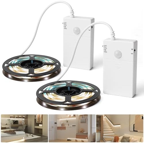 SOAIY 2M Ruban LED à Piles avec Détecteur de Mouvement Blanc Chaud (2 Pack)