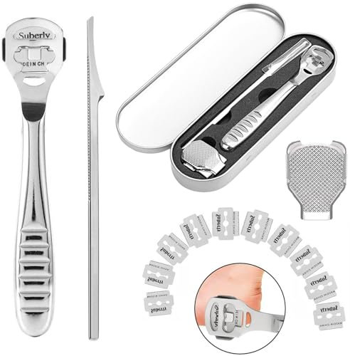Stainless Steel Foot Scraper Set-Callus Remover and Pedicure Kit with Replaceable Parts, 2 in 1 Foot Knife with Blades, Dead Skin Fork and Ergonomic Handle for Smooth and Safe Hard Skin Removal
