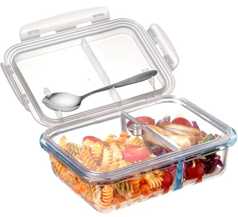 NUTRIUPS 1L Bento Box Glas, Bento Box Glas 2 Fächer, 21.7x16x6cm Frischhaltedose mit Luftdichtem Deckel, Meal Prep Boxen Glas, Glasschüssel mit Deckel, Mikrowellen & Backofensicher - Rechteckig