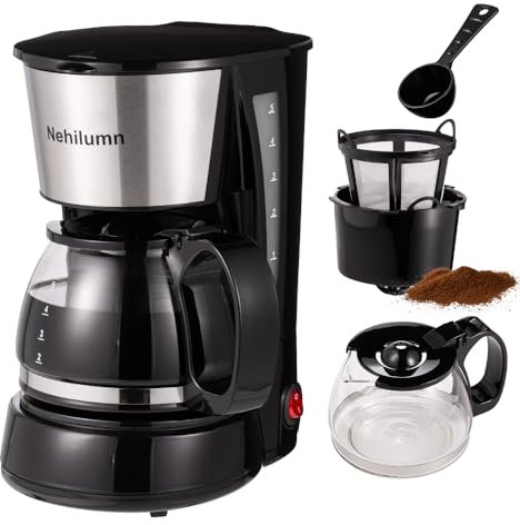Nehilumn 5 Cup Drip Coffee Maker, Coffee Pot Machine Permanent Coffee Filter, Small Coffee Maker,20Oz Electric Coffee Maker,650W Black and Stainless Steel