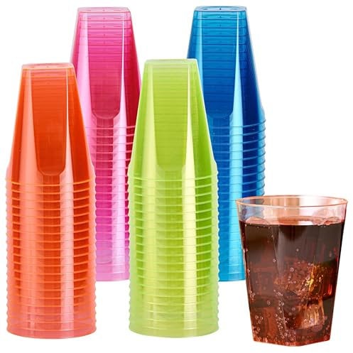 MATANA 160 Neon Party Cups, Coloured Hard Plastic Cups, 210ml - Blacklight UV-Reactive - Drinks, Cocktails, Desserts - Kids' Parties, Birthdays, Christmas, Picnic, BBQ, Parties - Sturdy & Reusable