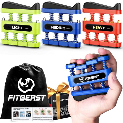 FitBeast Fingerkrafttrainer, Fingerübungsgerät zur Verbesserung der Geschicklichkeit und Kraft den Fingern – Griffkrafttrainer für Musiker Kletterer (3-teiliges Set: Grün, Blau, Rot)