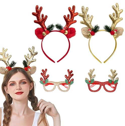Serre-tête scintillant de Noël en forme de renne avec verre de Noël, 4 serre-têtes de Noël, accessoires de costume de Noël avec bois de Noël et clochettes,accessoires cheveux de Noël adultes enfants