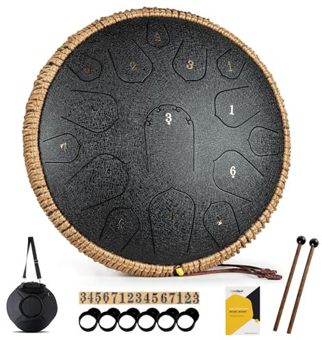 MeloBeat Zungentrommel 14 Zoll 15 Töne - Professionelles Steel Tongue Drum Handpan Set in D Dur inkl. Zungentrommel Liederbuch, Schlagzeug Sticks und Trommel Tragetasche (Schwarz)