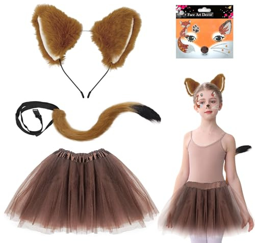 UILYNIU 4 Stück Kostüm Fuchs für Kinder, Fuchsohren Stirnband Fuchsschwanz Fuchs Tattoo Gesicht Mädchen Tutu, Faschingskostüm Fuchs Cosplay für Karneval Halloween Tierkostüm Fuchs Ohren