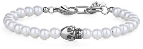 GAVU Perlen Armband Herren mit Totenkopf Charm und 6mm weißen Muschelperlen