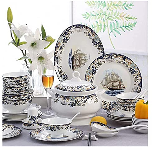 MOKLYF Set di stoviglie Set di Piatti, 58 Pezzi, Set di stoviglie in Porcellana Bone China con Piatti, Ciotole e Piatto, Set da tavola in Ceramica con Motivo a Barca a Vela(