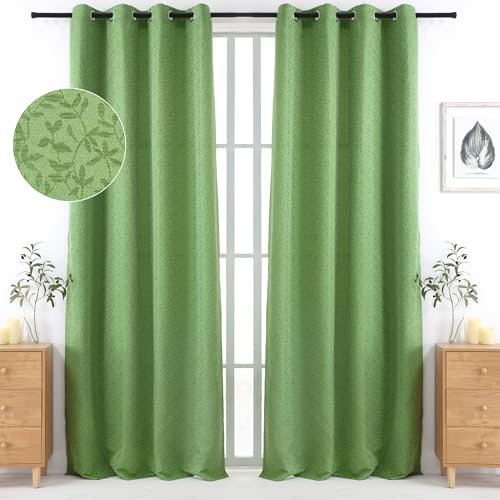 Viste tu hogar Pack 2 Cortinas Jacquard con Estampado de Hojas, Decoración Premium, Ideal para Salón de Otoño e Invierno, 150x260cm, Color Verde