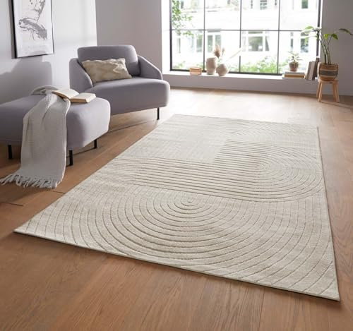 Taracarpet Moderner In & Outdoor Kurzflor Boho Skandi Designer Teppich mit 3D Effekt für Wohnzimmer Schlafzimmer und die Küche auch für Balkon und Terrasse geeignet Creme 160x230 cm