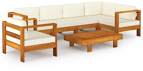 Willood Gartenmöbel 7 TLG. Garten Lounge Set mit Creme Auflagen Massivholz Akazie Eckteil + 4X Mittelteil + Sessel + Tisch