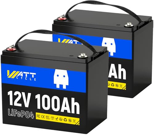 WattCycle Batterie Lithium LiFePO4 12V 100Ah Paquet de 2 - BCI Groupe24, 15000 Cycles, 100A BMS, Protection Anti Froid - Parfaite pour les RVs, les Véhicules de Golf, le Stockage d'Énergie domestique