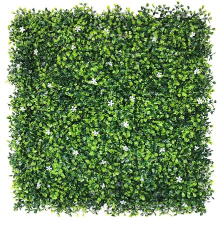 Well Home Jardín Vertical Artificial, Panel de Seto 100x100cm, para decoración Interior y Exterior - con Hojas Verdes y Flores Blancas