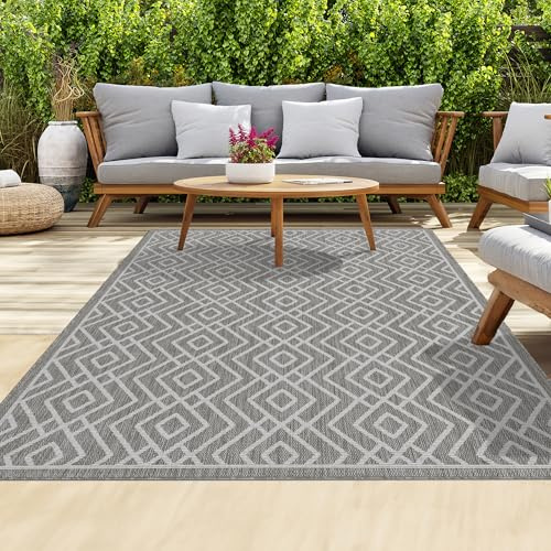 homeart Outdoor-Teppiche, leicht zu reinigende Teppiche für Veranda, Deck, Balkon, Garten, Picknick, Küche, Flur, UV- und wetterbeständig, große Terrassenteppich, D.Grau-Creme, 80 x 150 cm