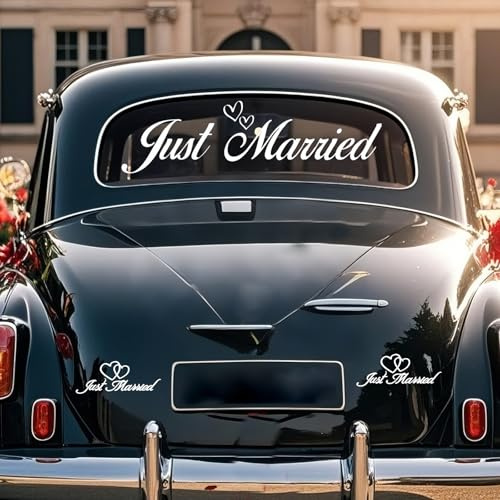 Just Married Auto Aufkleber Set, Auto Hochzeit Aufkleber Selbstklebende gerade verheiratete Dekorationen für Auto Fenster Spiegel Honeymoon Hochzeit - 3Pcs