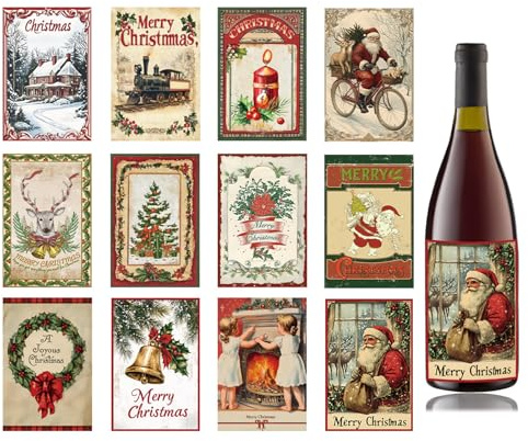 Weihnachts Weinflaschen Aufkleber,Selbstklebend Für Weinflaschen,12 Stück | Weihnachts Flaschenetikett Retro,Weinflaschen Etiketten Aufkleber,Für Weihnacht Party Bar Motiv Dekorationen Geschenke,Kiuiom