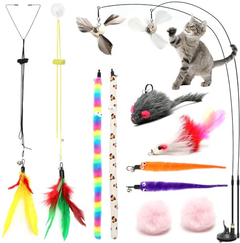 Set di 12 giocattoli interattivi per gatti – Pesca interattiva con ventosa, piume, campanelle, mouse, palla di lana, auto-occupazione e giocattolo intelligente, per gatti, durevole e non tossico