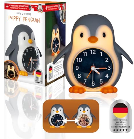 MegaLight Kinderwecker mit Kindernachtlicht | 2in1 Wecker Kinder + warmweißes Nachtlicht Kinder mit 30-Min Sleeptimer | Sanftes Wake Up Light für natürliches & kindgerechtes Aufwachen | POPPY PENGUIN
