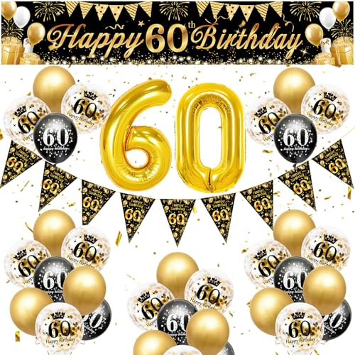 60 Geburtstag Deko,Rainllon Deko 60 Geburtstag Mann Frau,Geburtstagsdeko 60 Jahre Mann,60er Deko Geburtstag Happy Birthday Banner Schwarz Gold Luftballon 60 Geburtstag Mann Girlande Wimpel.