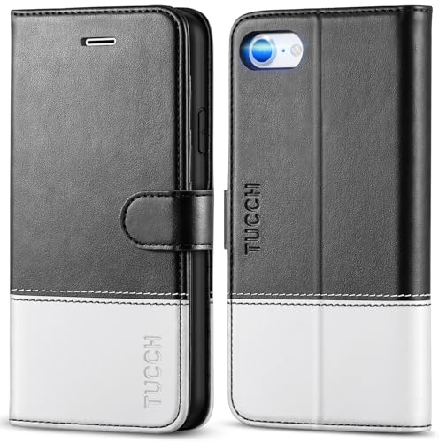 TUCCH Wallet Case for iPhone SE 2022 5G/SE 2020/8/7, Black & White | 3 Card Slots, Kickstand, Shockproof TPU Interior Shell, Premium PU Leather, Magnetic Closure, Folio Flip Cover
