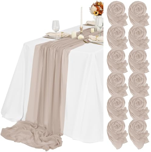 12 Stück Tischläufer Taupe 55x300 cm Neuer Natürlicher Weichlook Bohemian Tischläufer für Hochzeit, Party, Babyfeier, Brautshower,Geburtstag-Dekorationen(Braun/Grau gemischt mit hellen Pink und Lila)